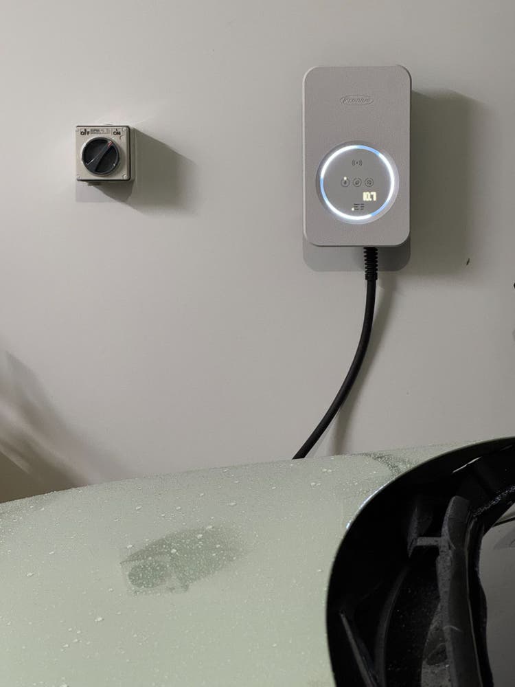 The new Fronius Wall charger plugged into the (also new) Kia EV3